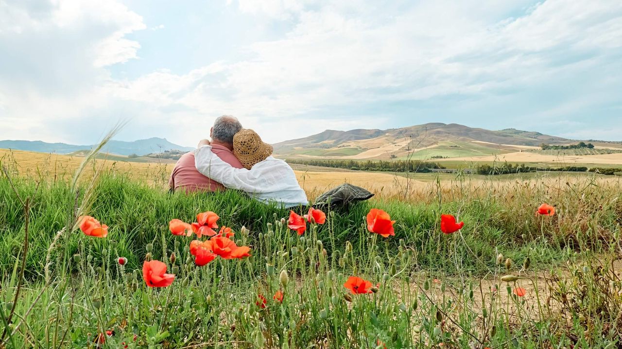 Mittelaltes Paar sitzt umarmt in einer Mohnblumenwiese
